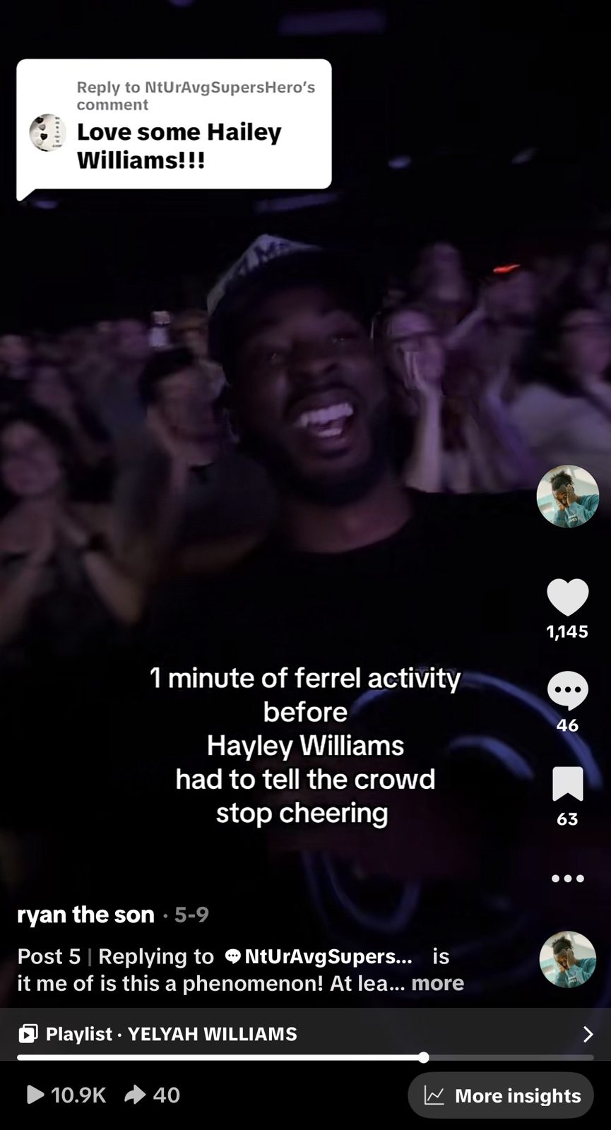 Ryan cheering in the crowd at the Hayley Williams show