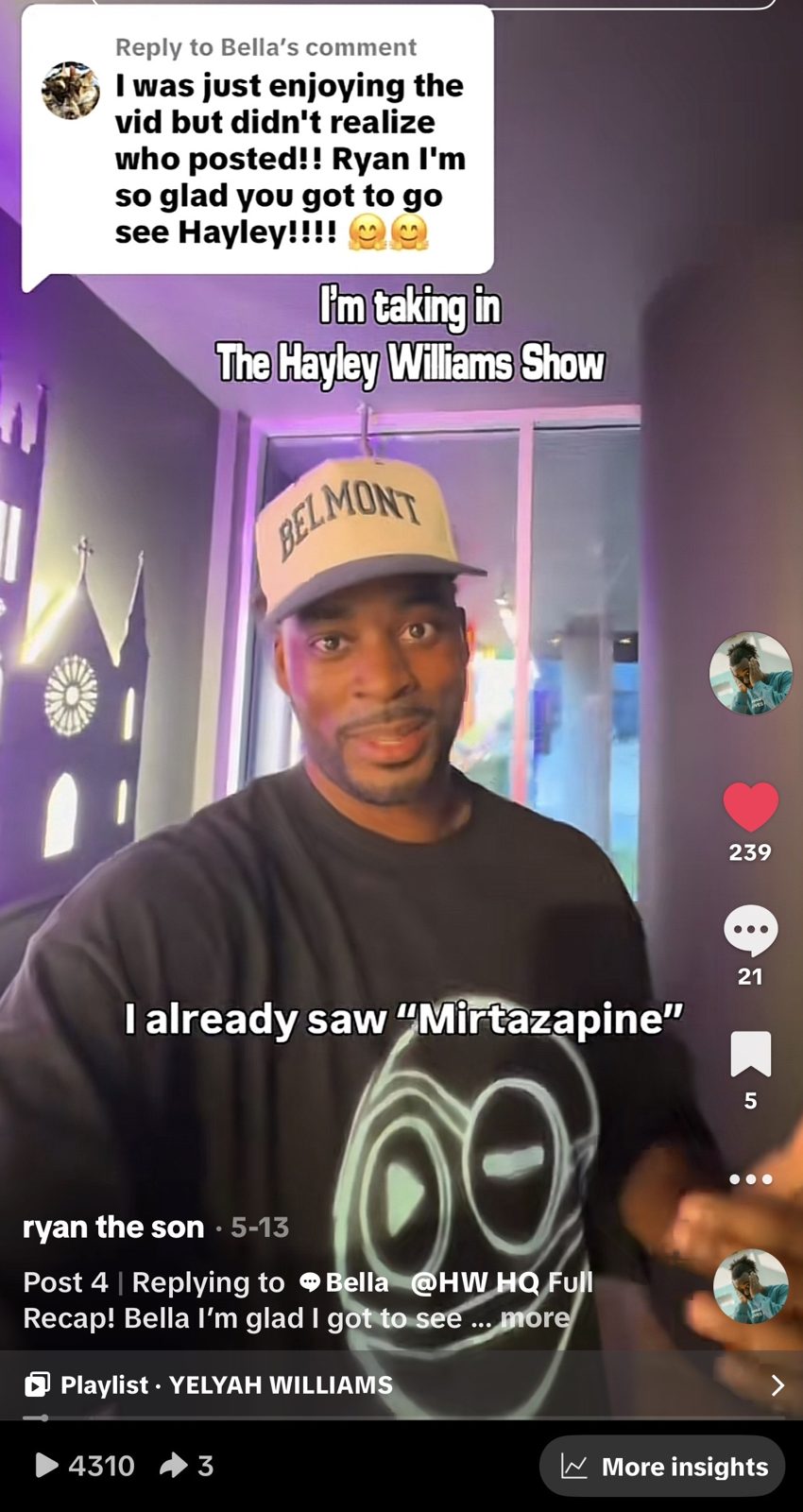 Ryan recapping the Hayley Williams show in a Belmont hat